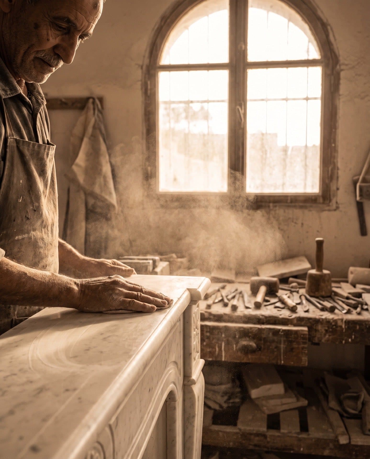 Artisan marbrier polissant un encadrement de cheminée en marbre de Carrare